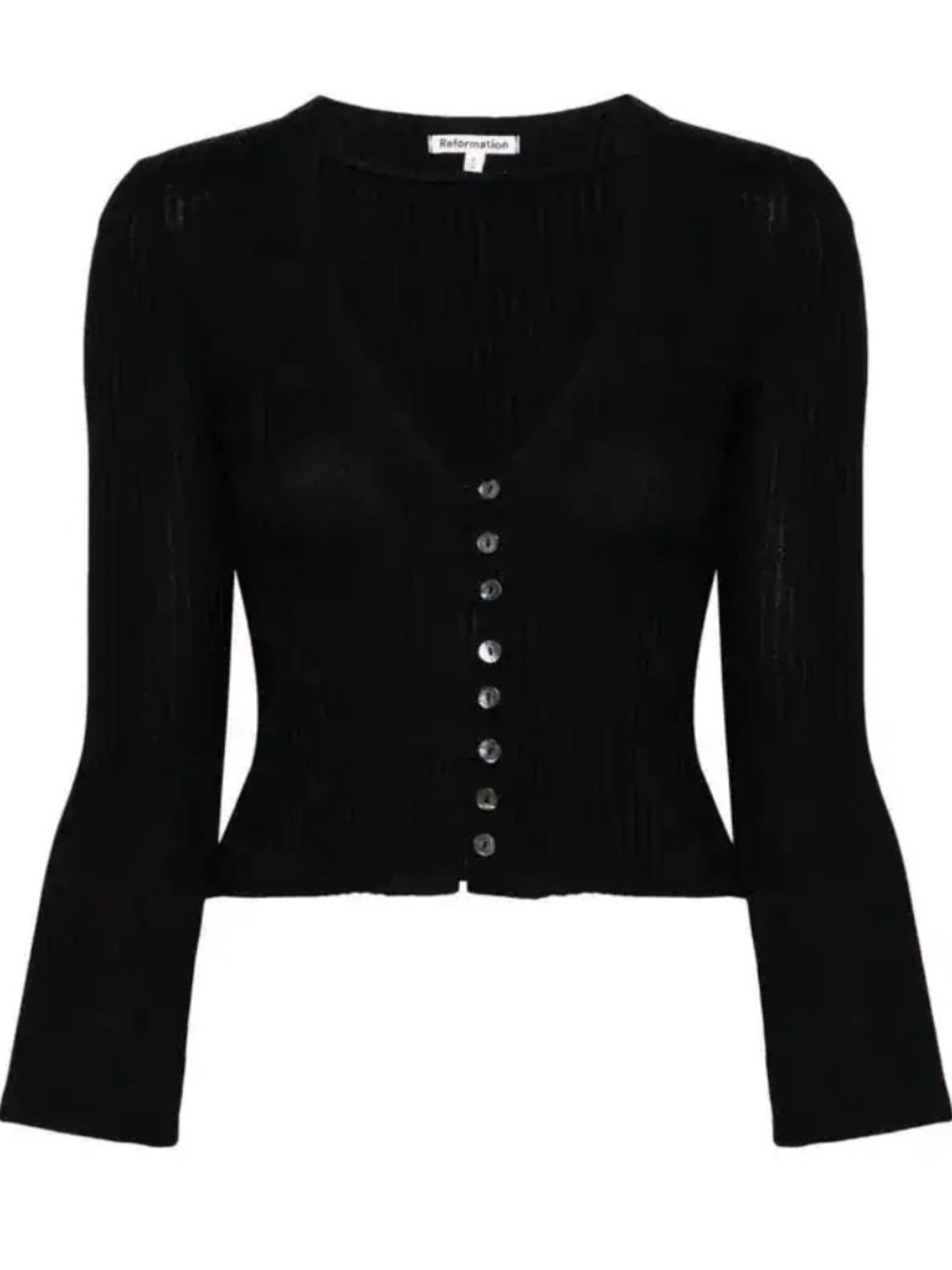 Reformation Black Ribbed V-Neck Button-Front Top